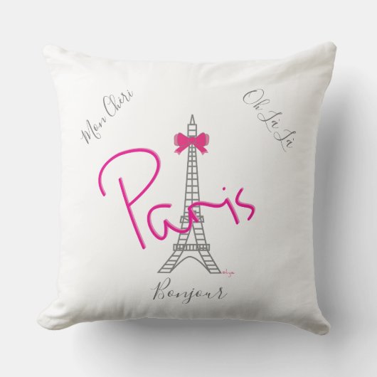 パリ、エッフェルタワーピンクボウフランスのホワイトモダン クッション (正面)