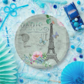 パリ – エッフェルタワー – 花 – フローラ-ヴィンテージ-バラ ペーパープレート (パーティー)