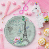 パリ – エッフェルタワー – 花 – フローラ-ヴィンテージ-バラ ペーパープレート (パーティー)