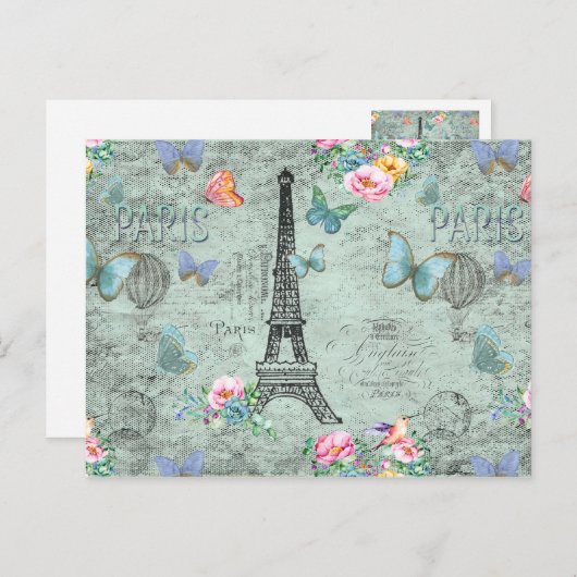 パリ – エッフェルタワー – 花 – フローラ-ヴィンテージ-バラ ポストカード (正面/裏面)