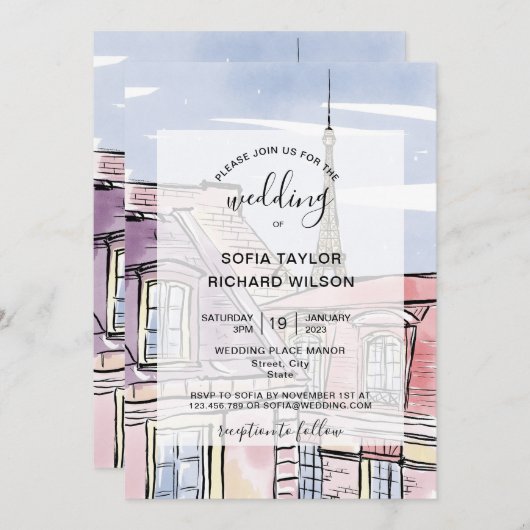 パリ エッフェル塔でのモダンウェディングデスティネーション招待状 招待状 (正面/裏面)