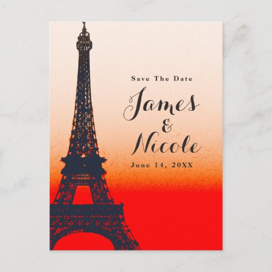 パリ エッフェル塔 オレンジ色の夕日 セーブ・ザ・デート 案内ポストカード (正面)