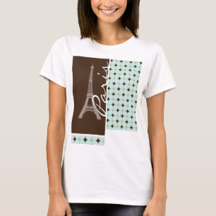パリ; エッフェル塔; セージグリーン及びブラウン Tシャツ