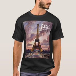 パリ エッフェル塔 トワイライト 水彩 カスタムテキスト Tシャツ