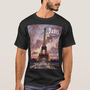 パリ エッフェル塔 トワイライト 水彩 カスタムテキスト Tシャツ