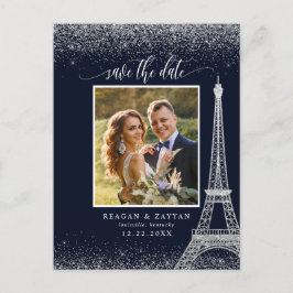 パリ エッフェル塔 ネイビーシルバー 写真付き Save The Date 案内ポストカード
