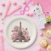 パリ エッフェル塔 & ピンクのバラ ペーパープレート (パーティー)