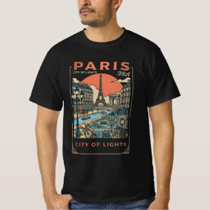 パリ シティ オブ ライツ エッフェル塔 レトロ ポスター アート Tシャツ