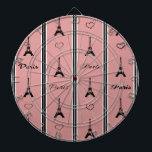 パリ ダーツボード<br><div class="desc">エッフェルタワーとハート装飾とパリの黒文字デザイン、白、ピンクの背景にパリストライプのスイラストレーション</div>