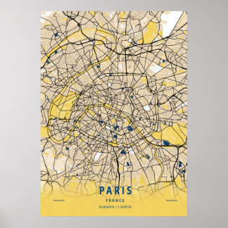 パリ – フランスイエローシティの地図 ポスター