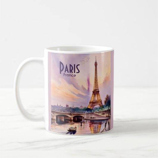 パリ フランス エッフェル塔 夕焼け 水彩画 旅行 コーヒーマグカップ (左)