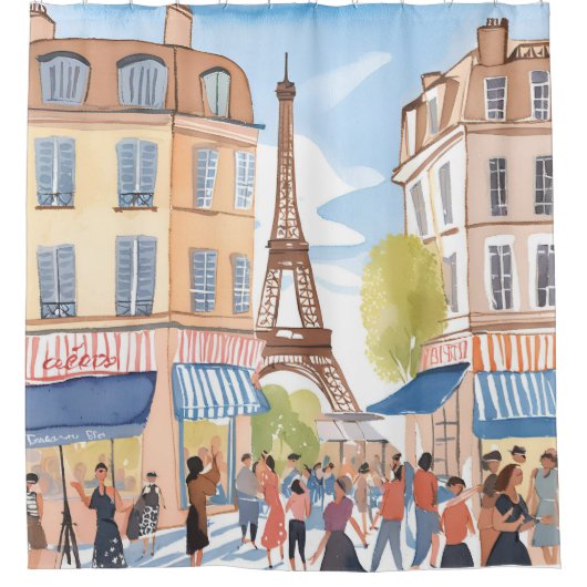 パリ フランス エッフェル塔 | 水彩画 旅行 シャワーカーテン (正面)