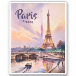 パリ フランス エッフェル塔 水彩画 日没 シール
