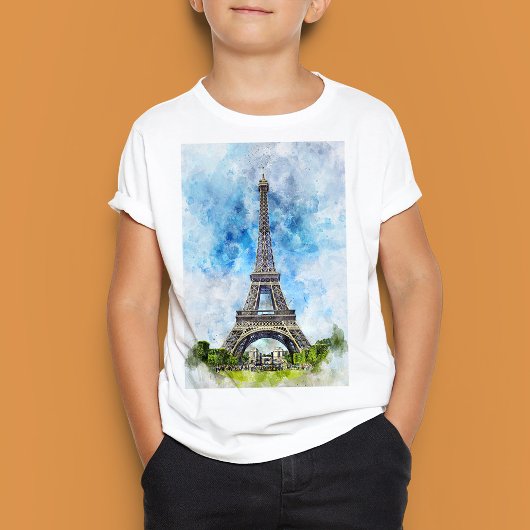 パリ フランス エッフェル塔 水彩画 Tシャツ