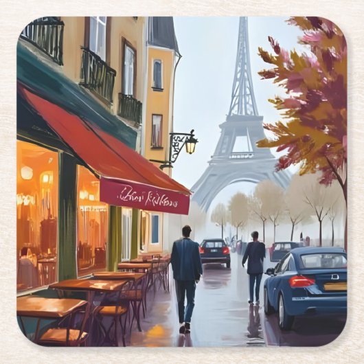 パリ フランス カフェ エッフェル塔 水彩画 スクエアペーパーコースター (正面)