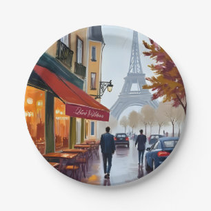 パリ フランス カフェ エッフェル塔 水彩画 ペーパープレート