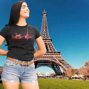 パリ フランス スカイライン ロマンティック ピンク トラベル Tシャツ