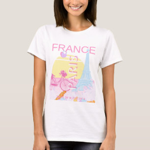 パリ、フランス、トラベルアート、名門私立校風のブルー Tシャツ