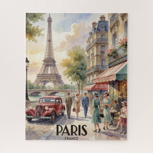 パリ フランス ビンテージ 水彩画 旅行ポスター ジグソーパズル (縦)