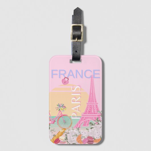 パリ、フランス、旅行アート名門私立校風の、パステル、ピンク ラゲッジタグ (正面縦)