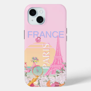 パリ、フランス、旅行アート名門私立校風の、パステル、ピンク iPhone 15ケース