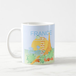パリ、フランス、旅行アート、パステル名門私立校風の、ブルー コーヒーマグカップ