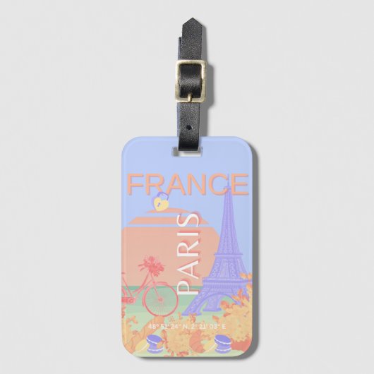 パリ、フランス、旅行アート、パステル名門私立校風の、ブルー ラゲッジタグ (正面縦)