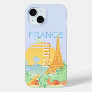 パリ、フランス、旅行アート、パステル名門私立校風の、ブルー iPhone 15ケース