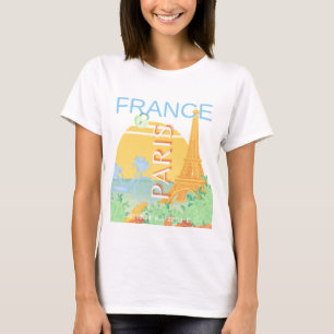 パリ、フランス、旅行アート、パステル名門私立校風の、ブルー Tシャツ