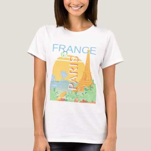パリ、フランス、旅行アート、パステル名門私立校風の、ブルー Tシャツ (正面)