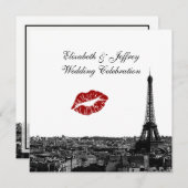パリ フランス 風景 キス #1 白黒 結婚式 招待状 (正面/裏面)