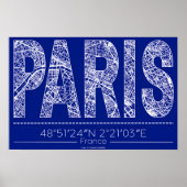 パリ ブループリント タイポグラフィ マップ ポスター – 水平 (正面)