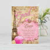 パリ 卒業 イエフィール塔 ヴィンテージ 花 ピンク 招待状 (スタンド正面)