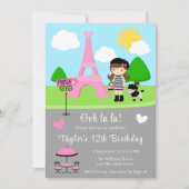 パリ 誕生日 茶髪の女の子とプードル 招待状 (正面)