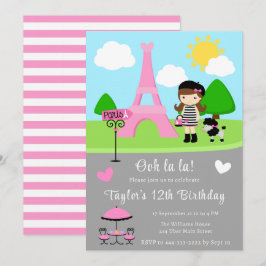 パリ 誕生日 茶髪の女の子とプードル 招待状