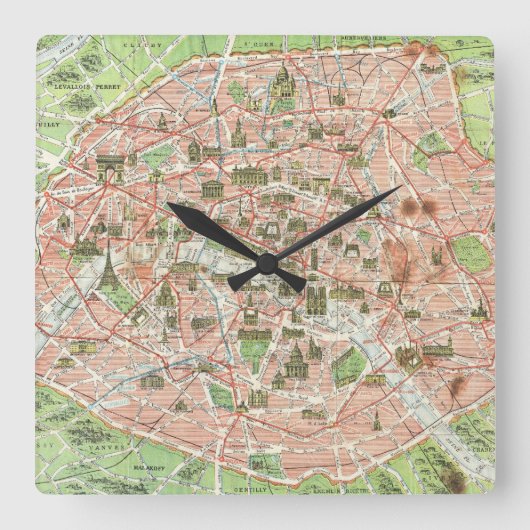 パリ(1920年)のヴィンテージの地図 スクエア壁時計 (正面)