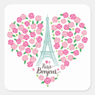 パリBonjour の花柄のハート スクエアシール