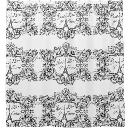パリJeのt'aimeのヴィンテージScrollwork及びエッフェル塔 シャワーカーテン (正面)