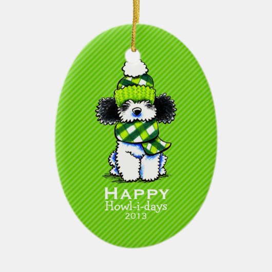 パルティプードルプレイドスカーフクリスマスストライプカスタム セラミックオーナメント (正面)