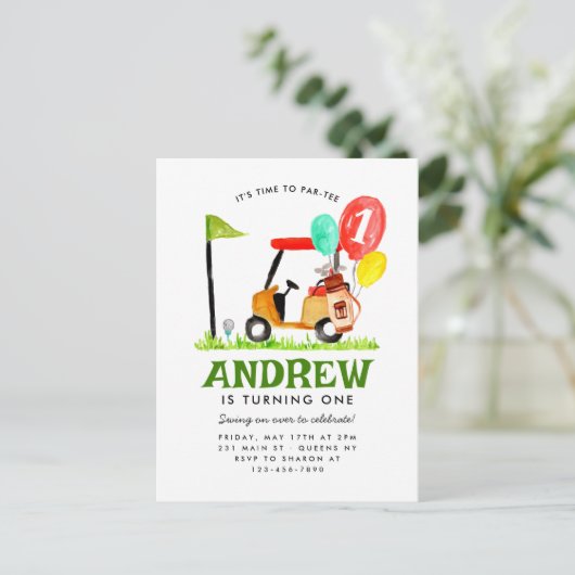 パルティーゴルフカートへの時間バルーンゴルフ誕生日 ポストカード (スタンド正面)