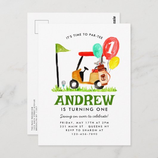 パルティーゴルフカートへの時間バルーンゴルフ誕生日 ポストカード (正面/裏面)