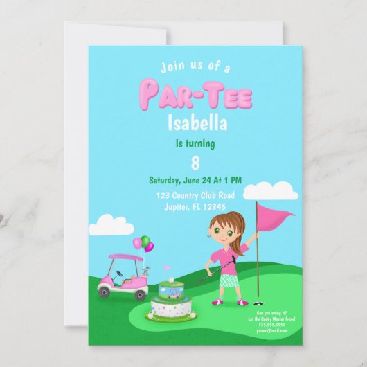 パルティーチビ(小さくかわいく書いた感じ)ガール誕生日ゴルフパーティー 招待状 (正面)