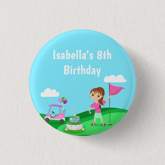 パルティーチビ（小さくかわいく書いた感じ）ガール誕生日ゴルフパーティー 缶バッジ (正面)