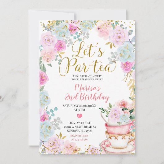 パルティーフローラティー誕生日ガール招待状 招待状 (正面)