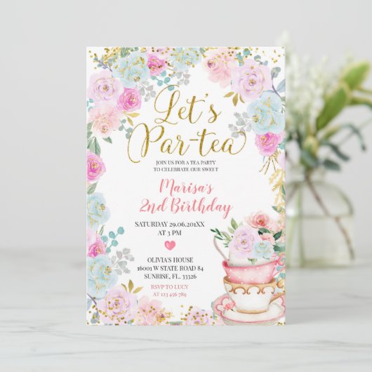 パルティーフローラティー誕生日ガール招待状 招待状 (スタンド正面)