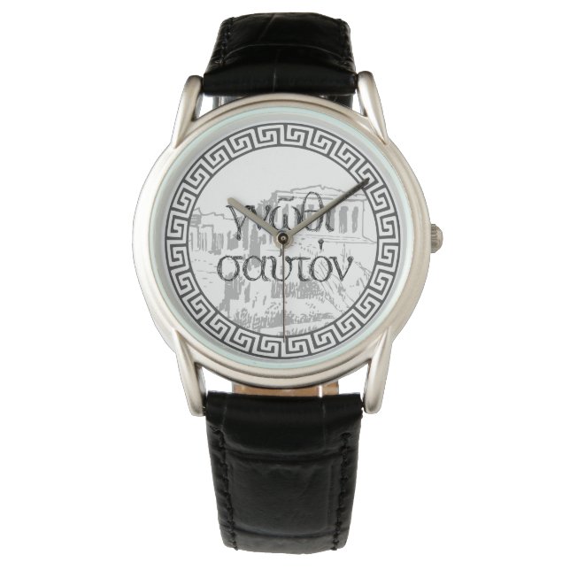 パルテノンのスケッチと蛇行で「KNOW THYSELF」引用文 腕時計 (正面)
