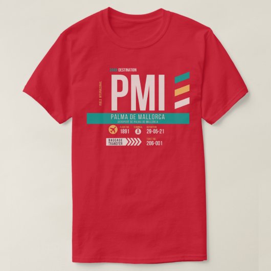 パルマデマヨルカPMIエアポートコードバゲージホテルラベル Tシャツ (デザイン正面)