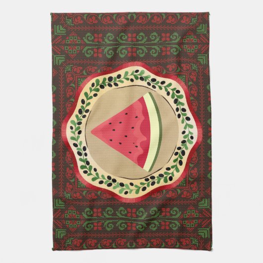 パレスチナのタドレズとオリーブプレートのスイカ キッチンタオル (縦)