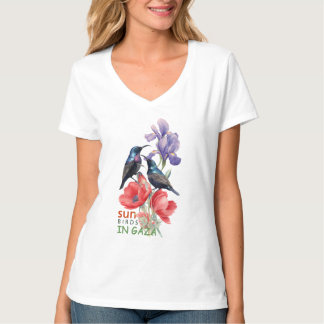 パレスチナの太陽鳥 ガザの花の芸術 女性Vネック Tシャツ