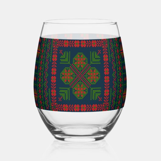 パレスチナ刺しゅうタスリーズレッド緑5パターン ステムなしワイングラス (正面)